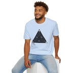 Minimalist black triangle UAP t-shirt with schematic underside view and three corner lights, light blue, worn by a model