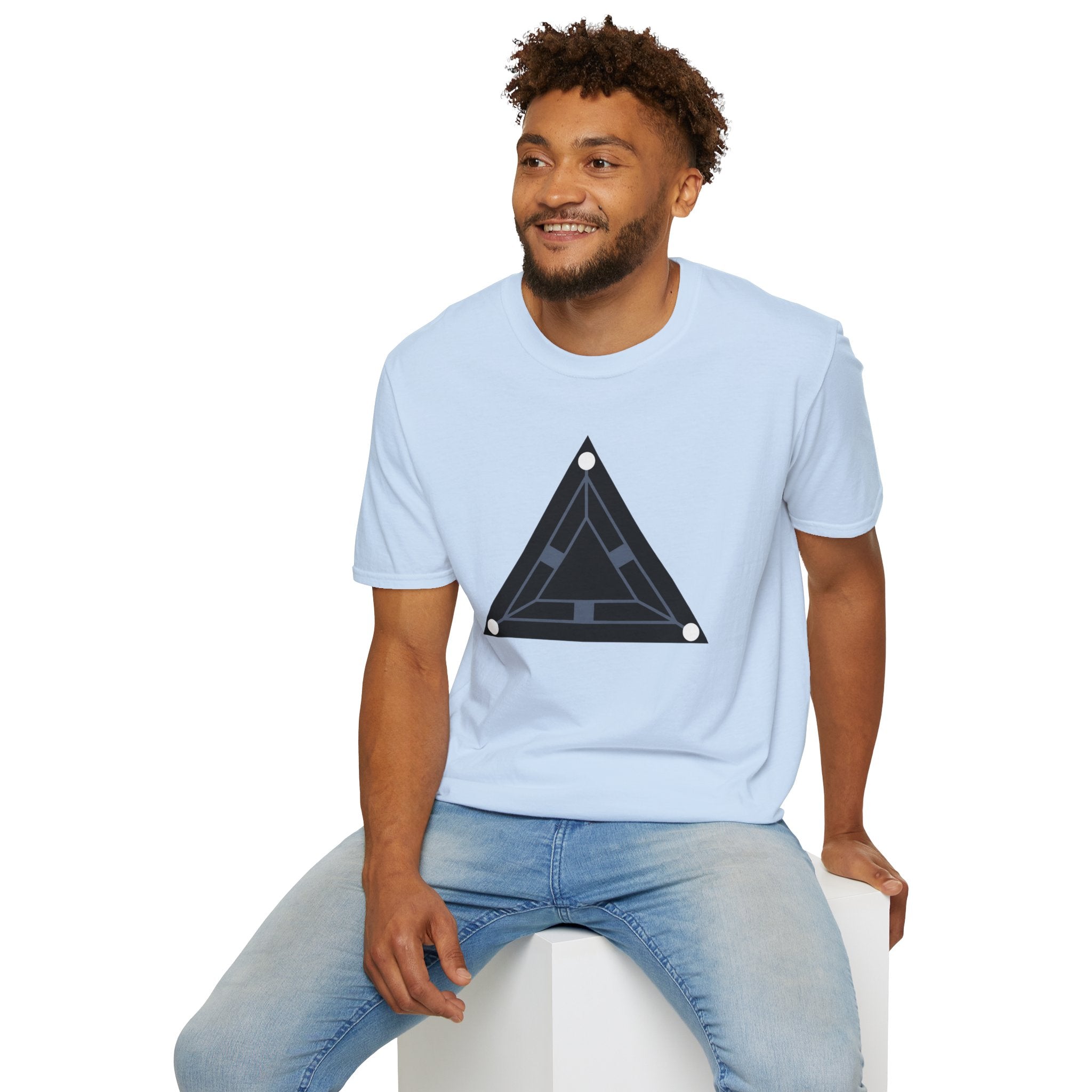 Minimalist black triangle UAP t-shirt with schematic underside view and three corner lights, light blue, worn by a model