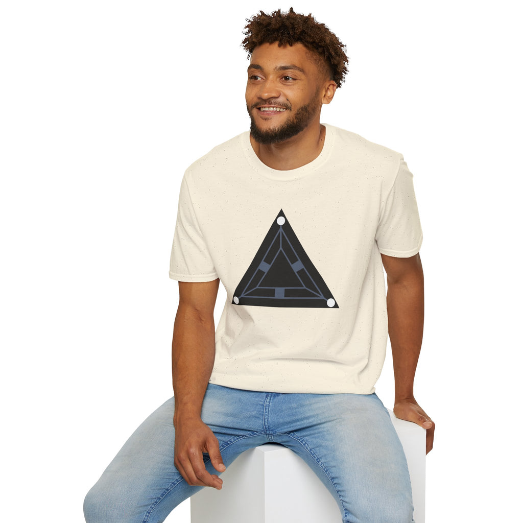 Minimalist black triangle UAP t-shirt with schematic underside view and three corner lights, natural, worn by a model