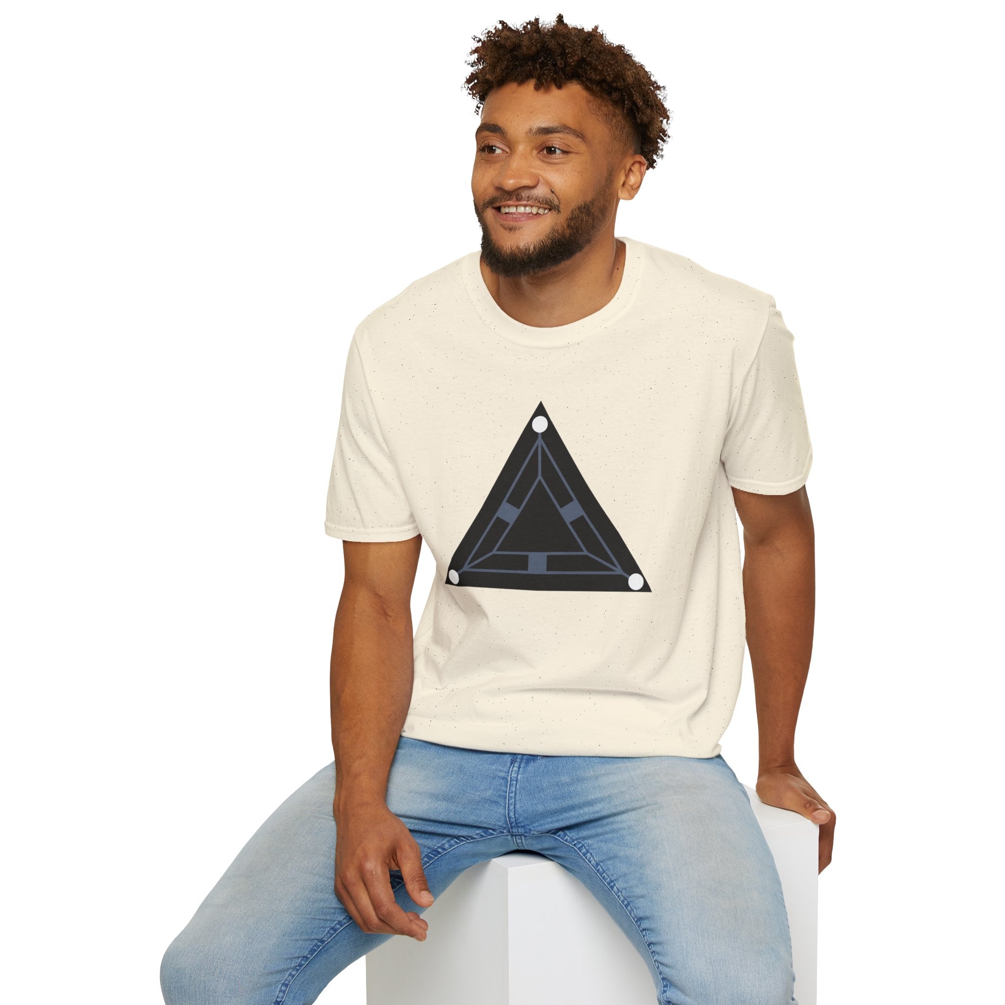 Minimalist black triangle UAP t-shirt with schematic underside view and three corner lights, natural, worn by a model