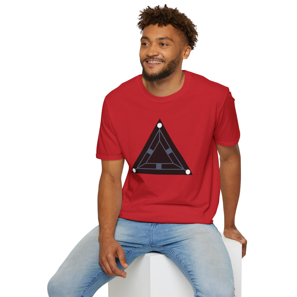 Minimalist black triangle UAP t-shirt with schematic underside view and three corner lights, red, worn by a model