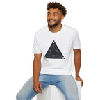 Minimalist black triangle UAP t-shirt with schematic underside view and three corner lights, white worn by a model