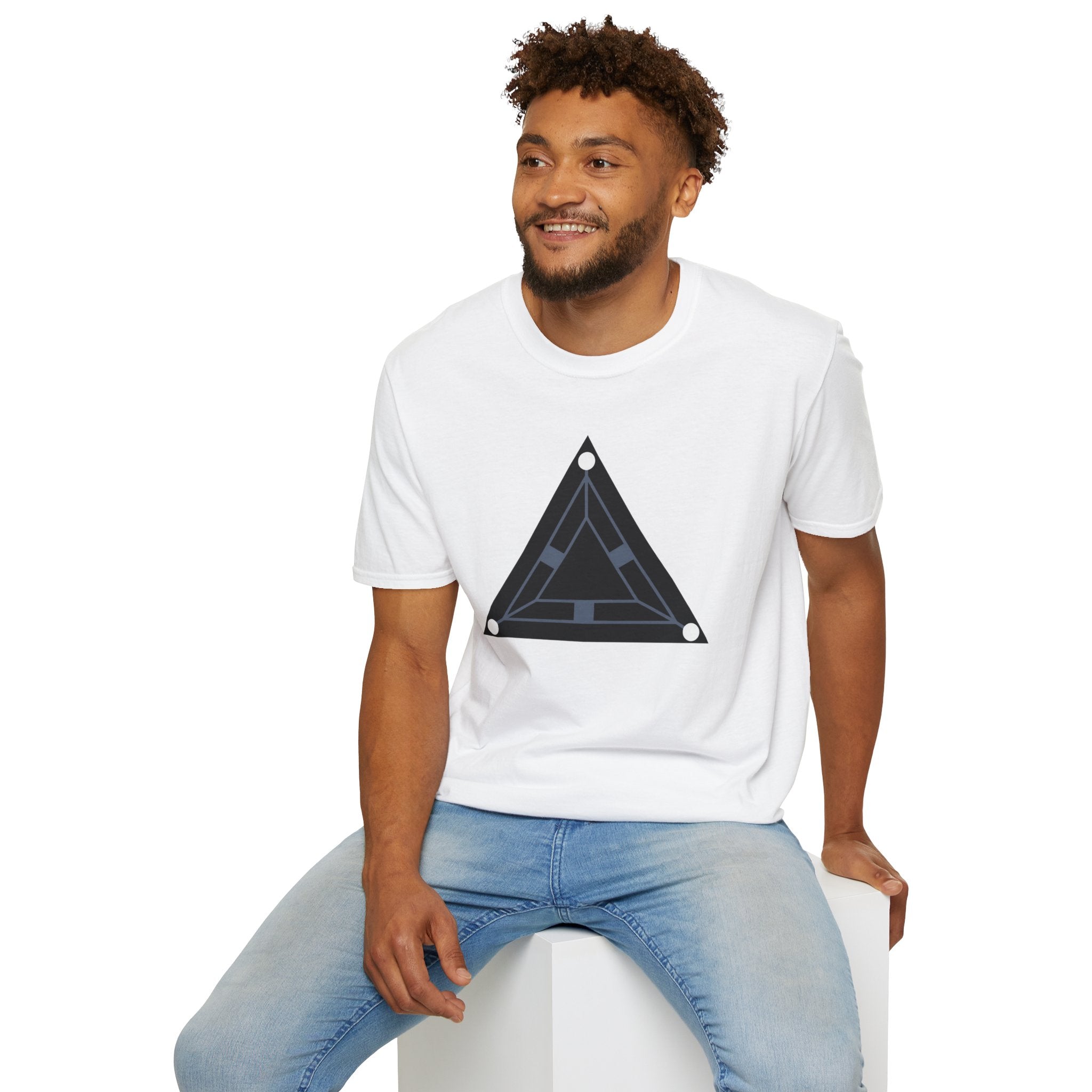 Minimalist black triangle UAP t-shirt with schematic underside view and three corner lights, white worn by a model