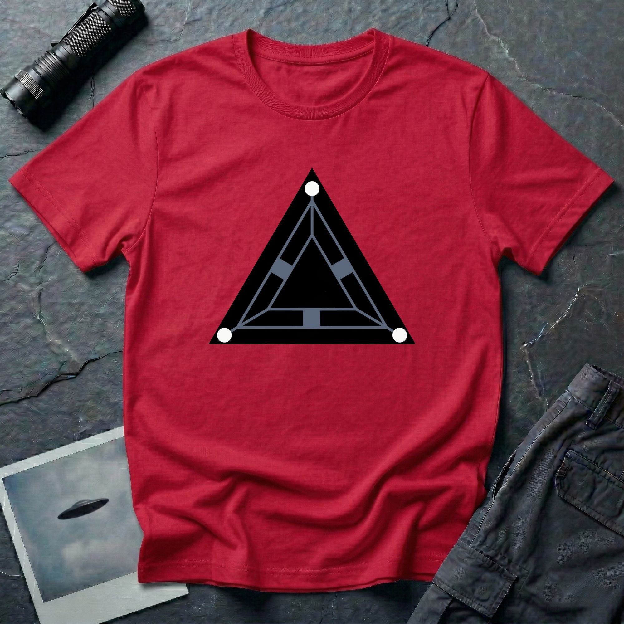 Minimalist black triangle UAP t-shirt with schematic underside view and three corner lights, red