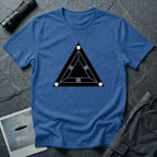 Minimalist black triangle UAP t-shirt with schematic underside view and three corner lights, royal blue