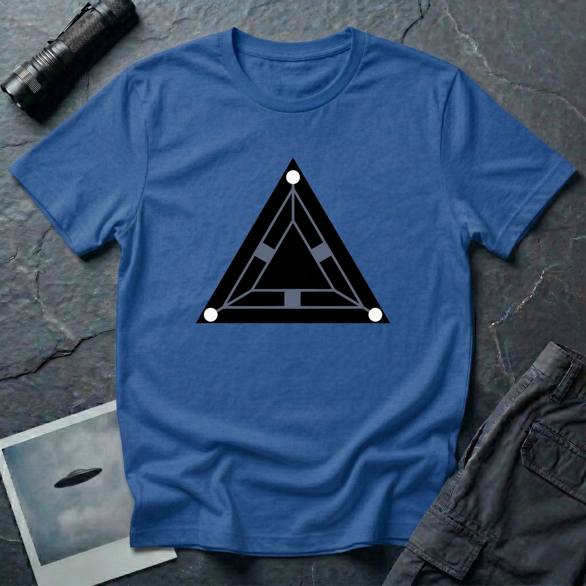 Minimalist black triangle UAP t-shirt with schematic underside view and three corner lights, royal blue