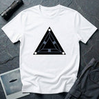 Minimalist black triangle UAP t-shirt with schematic underside view and three corner lights, white