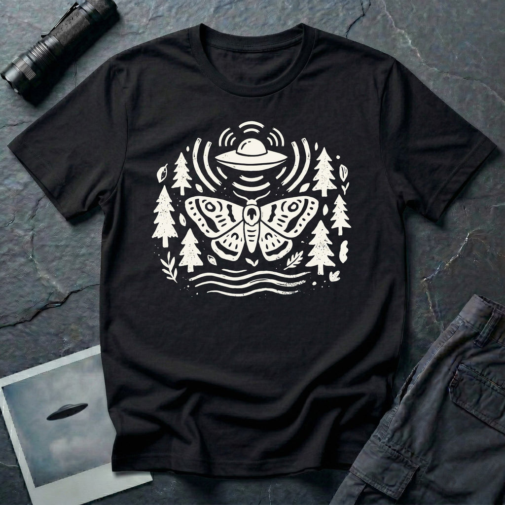 Moth and UFO T-shirt with a folk-art moth beneath a flying saucer, surrounded by pine trees, leaves and radiating signal lines, on black t-shirt