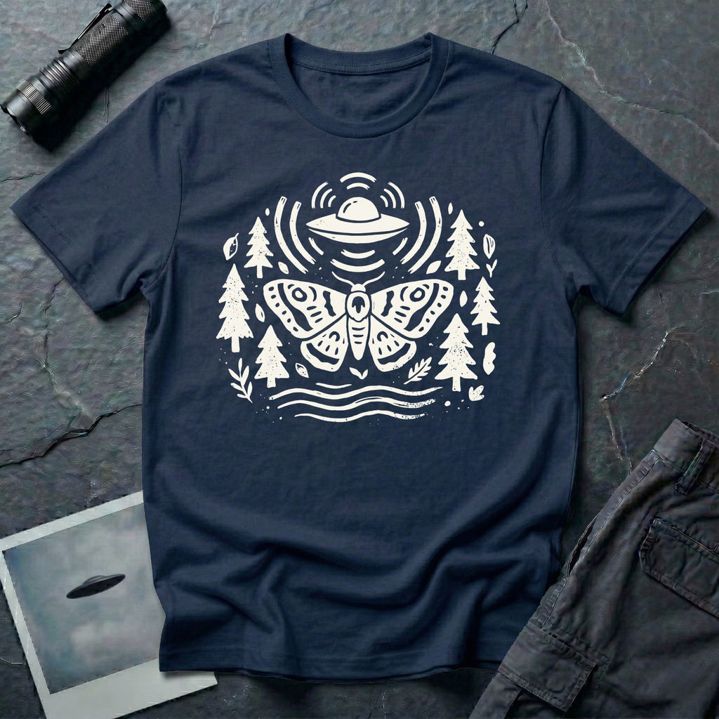 Moth and UFO T-shirt with a folk-art moth beneath a flying saucer, surrounded by pine trees, leaves and radiating signal lines, on navy blue t-shirt