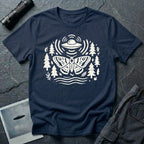 Moth and UFO T-shirt with a folk-art moth beneath a flying saucer, surrounded by pine trees, leaves and radiating signal lines, on navy blue t-shirt