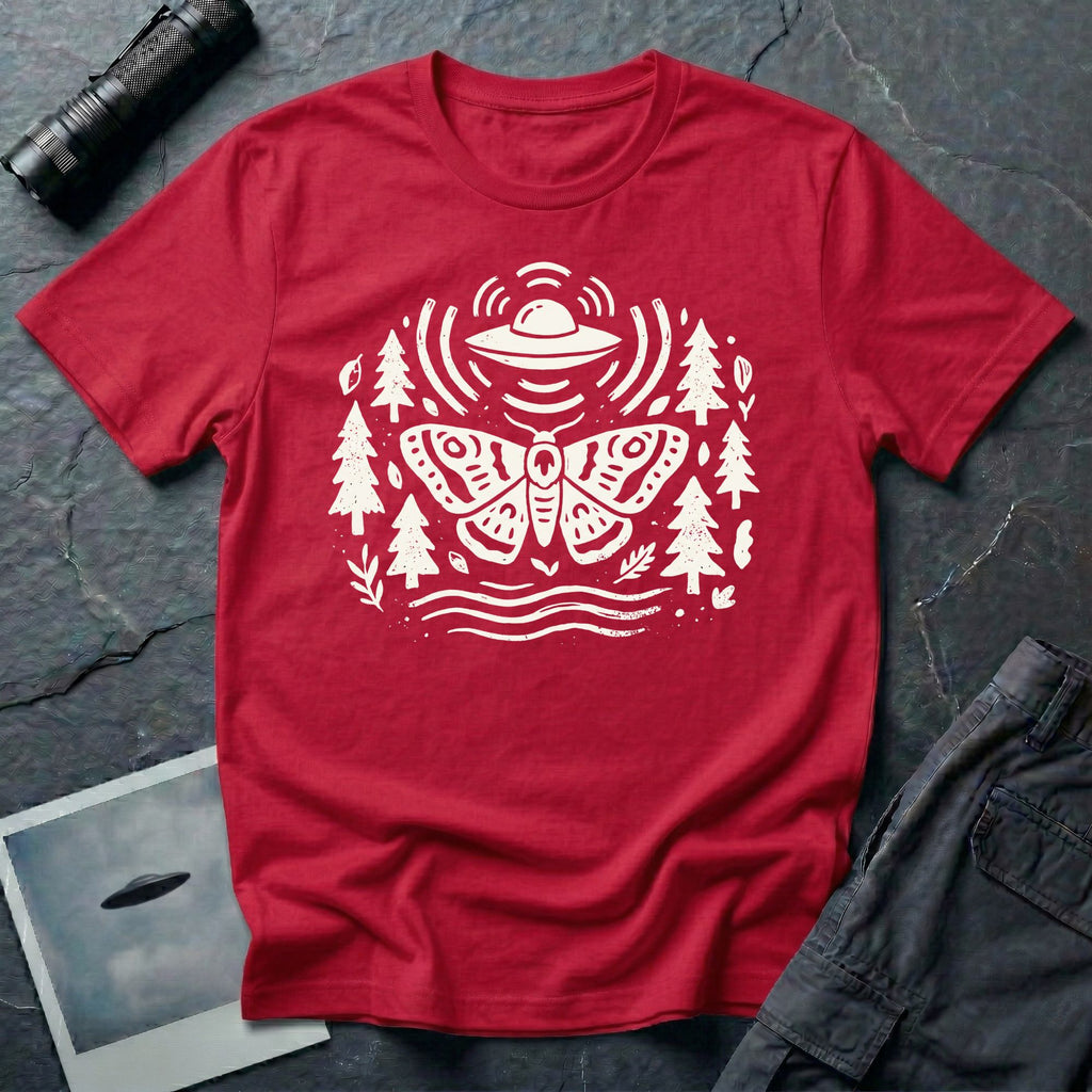 Moth and UFO T-shirt with a folk-art moth beneath a flying saucer, surrounded by pine trees, leaves and radiating signal lines, on red t-shirt