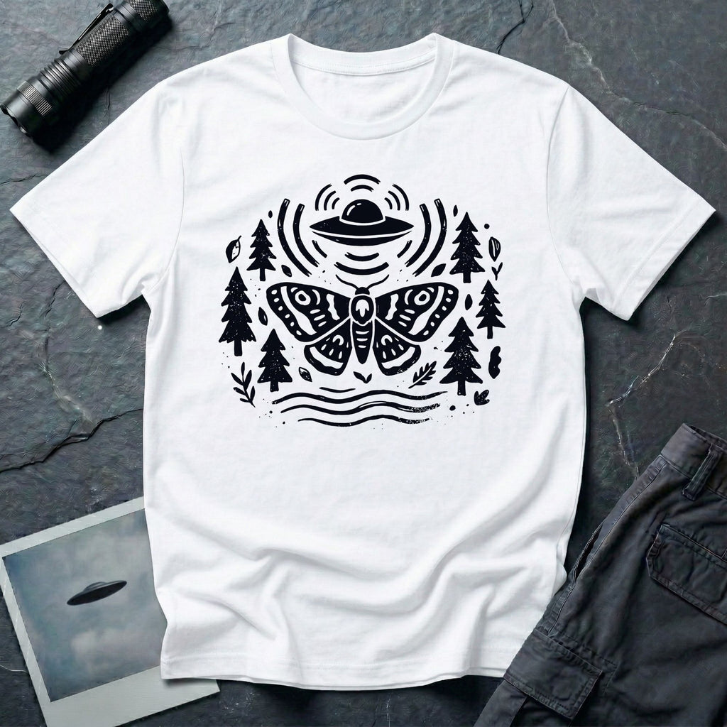 Moth and UFO T-shirt with a folk-art moth beneath a flying saucer, surrounded by pine trees, leaves and radiating signal lines, on white t-shirt