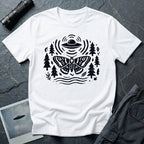 Moth and UFO T-shirt with a folk-art moth beneath a flying saucer, surrounded by pine trees, leaves and radiating signal lines, on white t-shirt