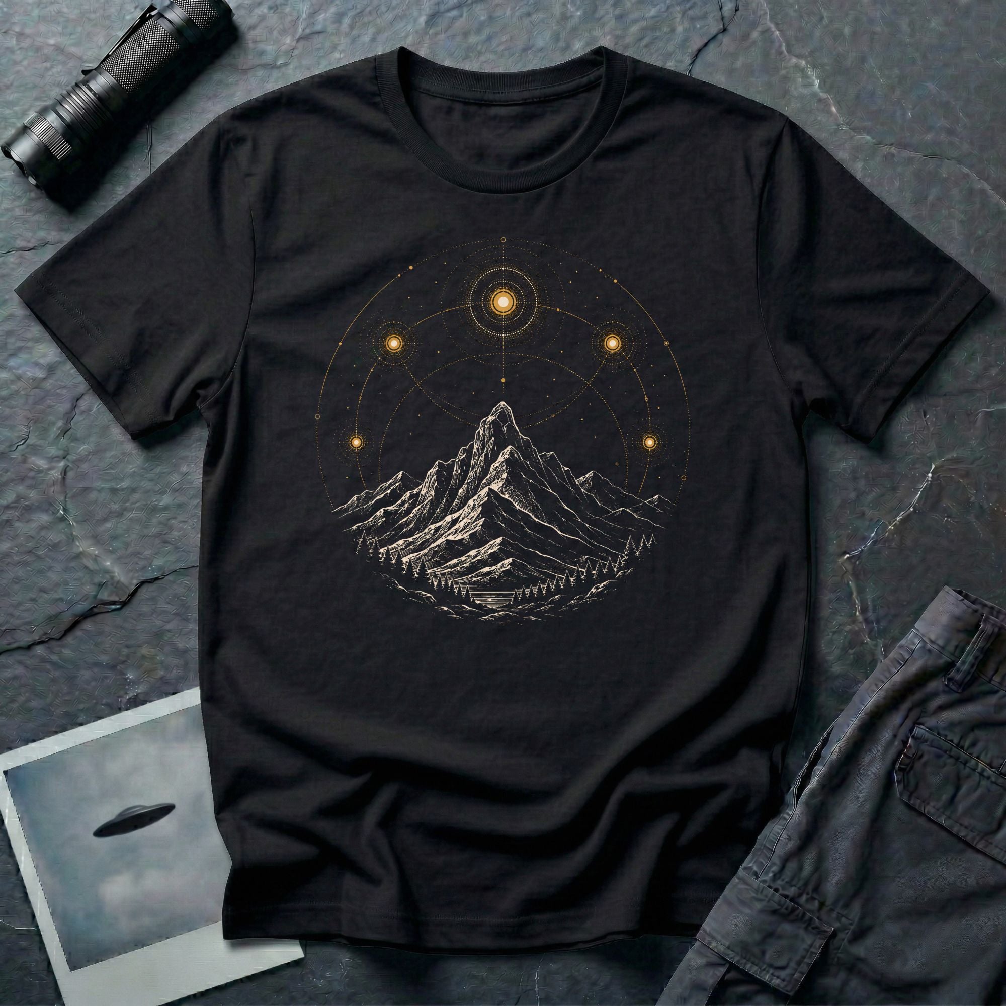 Black UFO t-shirt with orb sightings and sacred geometry over mountain range design