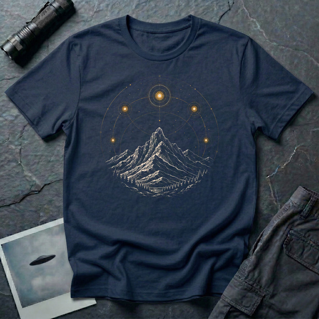 Navy blue UFO t-shirt with orb sightings and sacred geometry over mountain range design