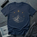 Navy blue UFO t-shirt with orb sightings and sacred geometry over mountain range design