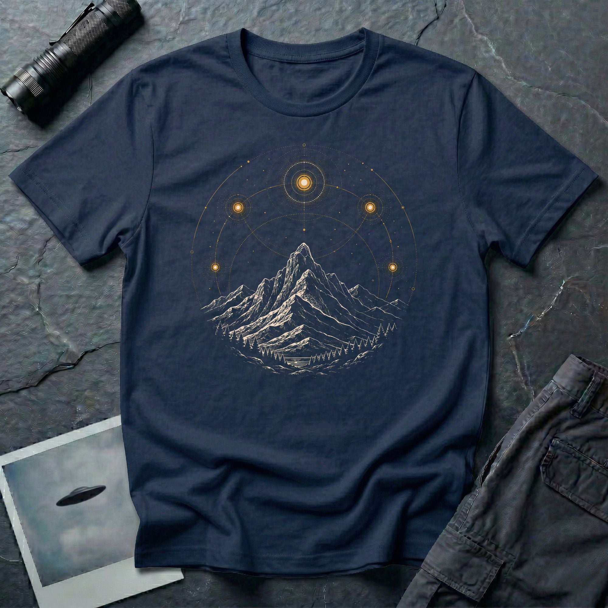 Navy blue UFO t-shirt with orb sightings and sacred geometry over mountain range design