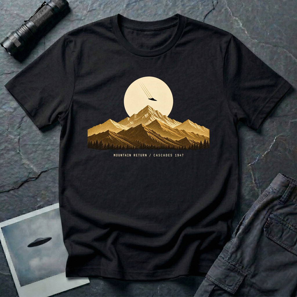 T-shirt with gold engraved mountain range under a moon and UFO with Mountain Return Cascades 1947 caption, black