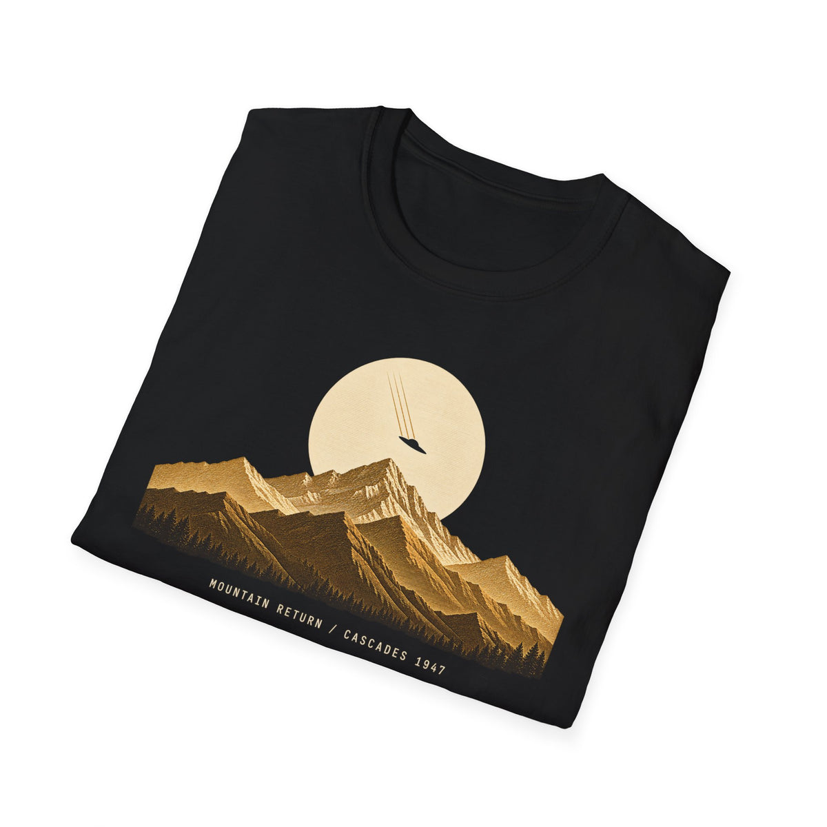 T-shirt with gold engraved mountain range under a moon and UFO with Mountain Return Cascades 1947 caption, black