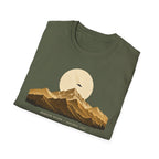 T-shirt with gold engraved mountain range under a moon and UFO with Mountain Return Cascades 1947 caption, miltary green