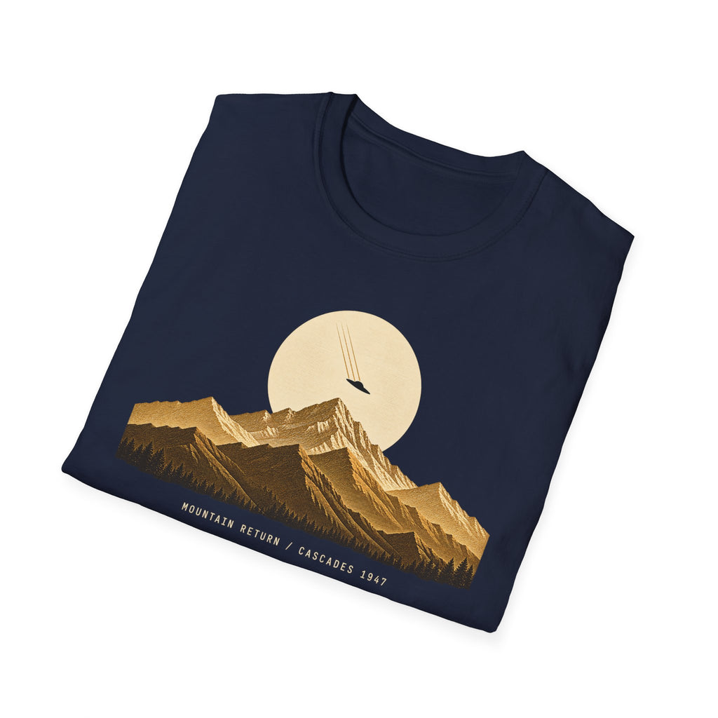 T-shirt with gold engraved mountain range under a moon and UFO with Mountain Return Cascades 1947 caption, navy blue