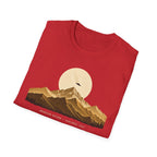 T-shirt with gold engraved mountain range under a moon and UFO with Mountain Return Cascades 1947 caption, red