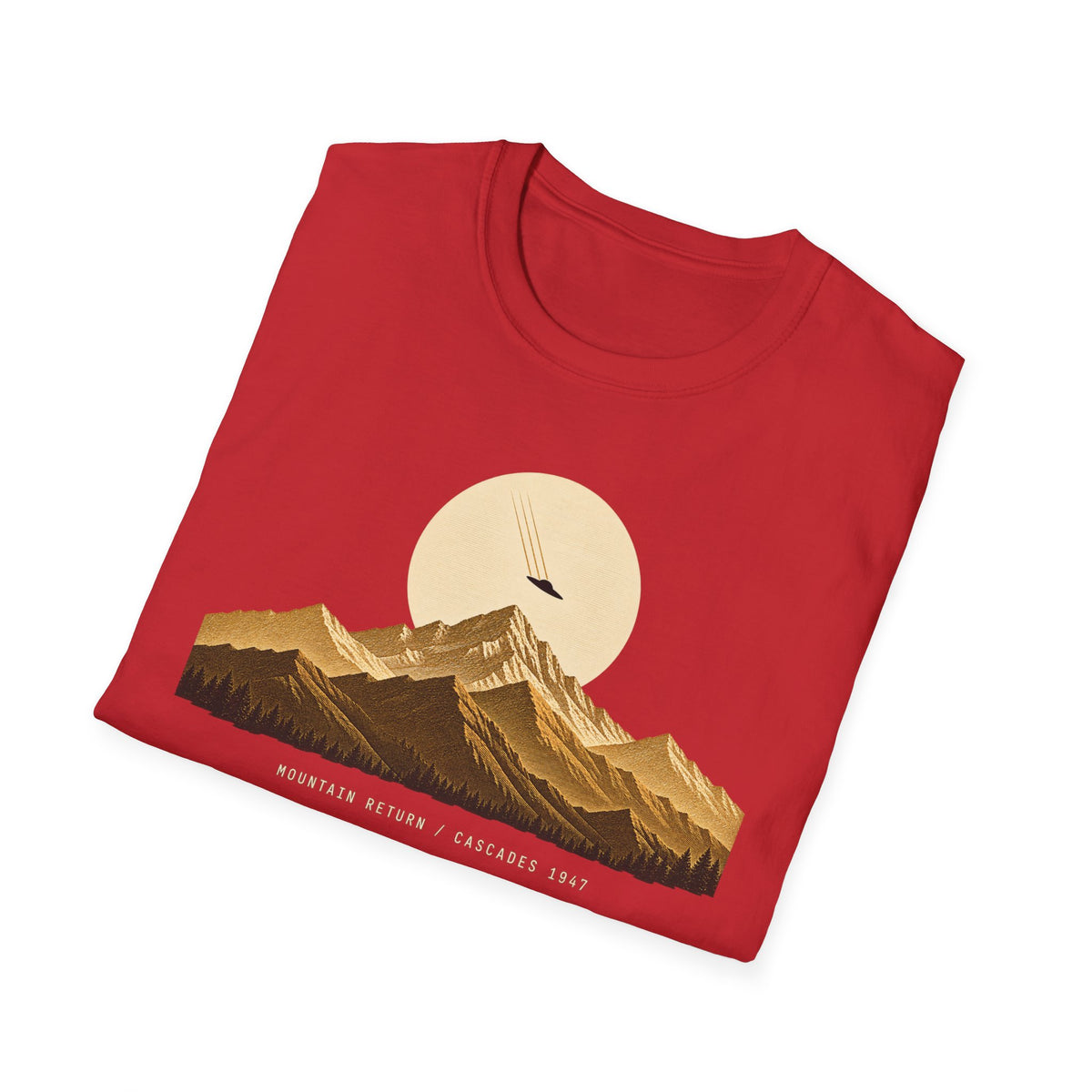 T-shirt with gold engraved mountain range under a moon and UFO with Mountain Return Cascades 1947 caption, red