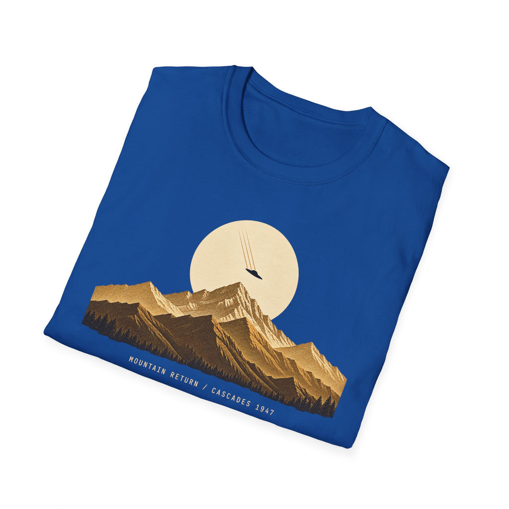 T-shirt with gold engraved mountain range under a moon and UFO with Mountain Return Cascades 1947 caption, royal blue