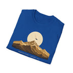 T-shirt with gold engraved mountain range under a moon and UFO with Mountain Return Cascades 1947 caption, royal blue