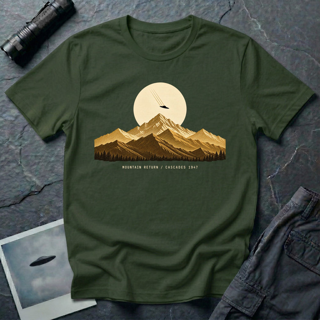 T-shirt with gold engraved mountain range under a moon and UFO with Mountain Return Cascades 1947 caption, military green