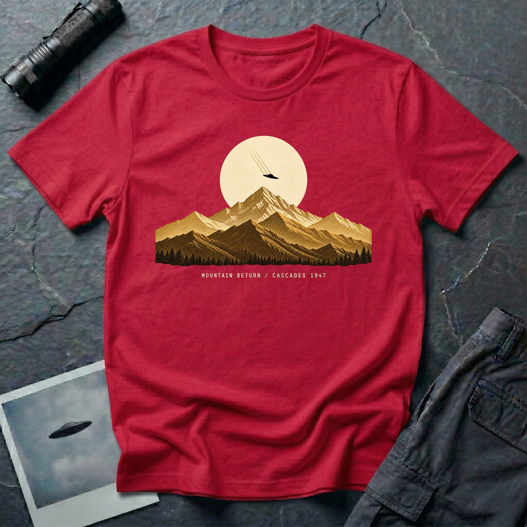 T-shirt with gold engraved mountain range under a moon and UFO with Mountain Return Cascades 1947 caption, red