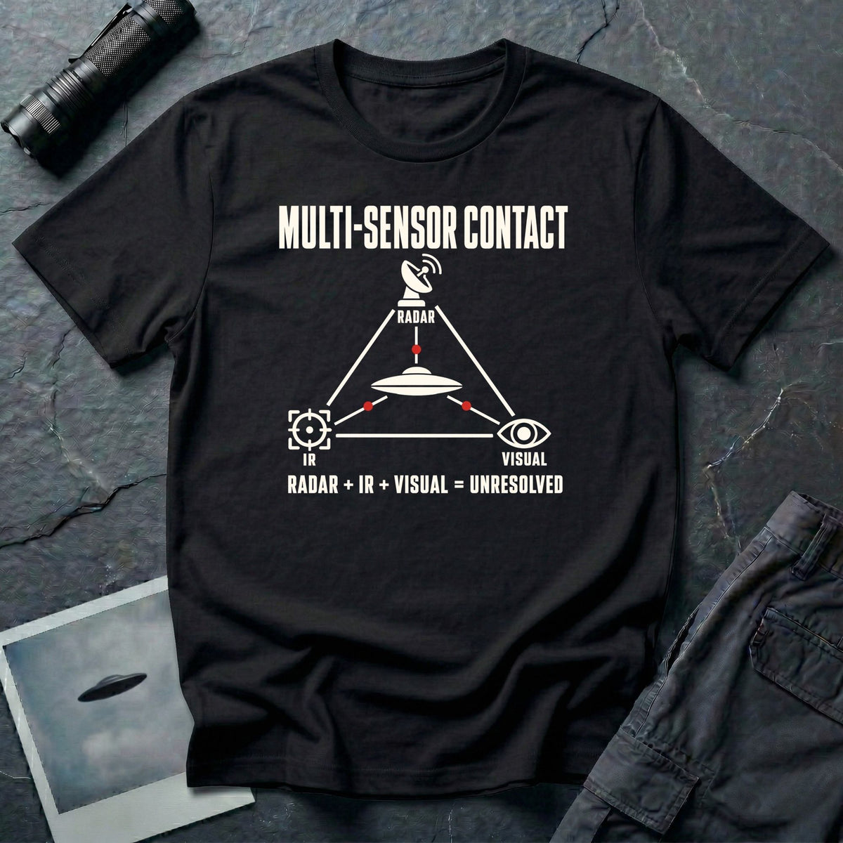 Radar dish, targeting reticle, and eye icon forming a triangle around a UFO with Multi-Sensor Contact text on a black t-shirt