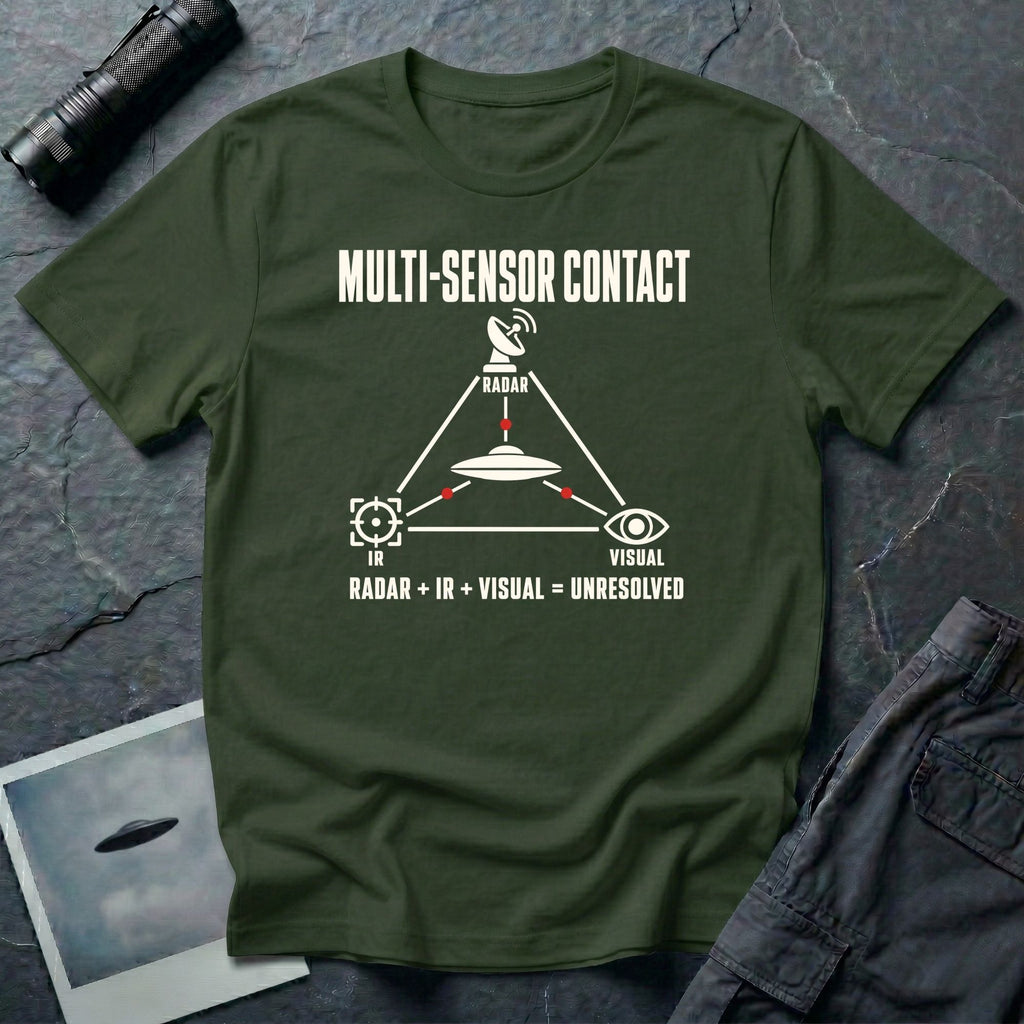 Radar dish, targeting reticle, and eye icon forming a triangle around a UFO with Multi-Sensor Contact text on a military green t-shirt