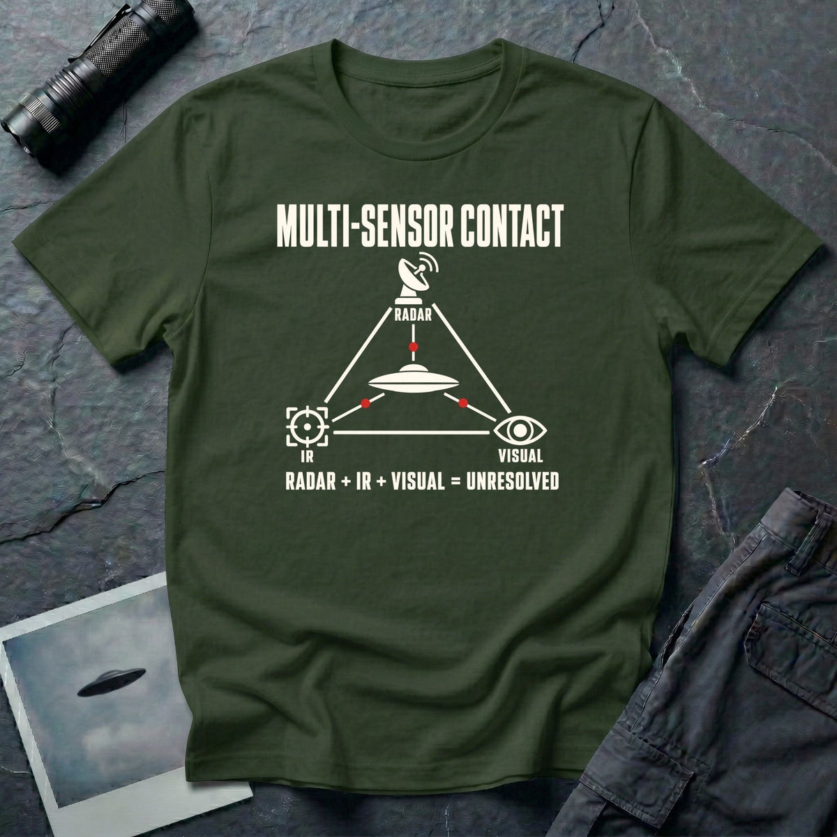 Radar dish, targeting reticle, and eye icon forming a triangle around a UFO with Multi-Sensor Contact text on a military green t-shirt