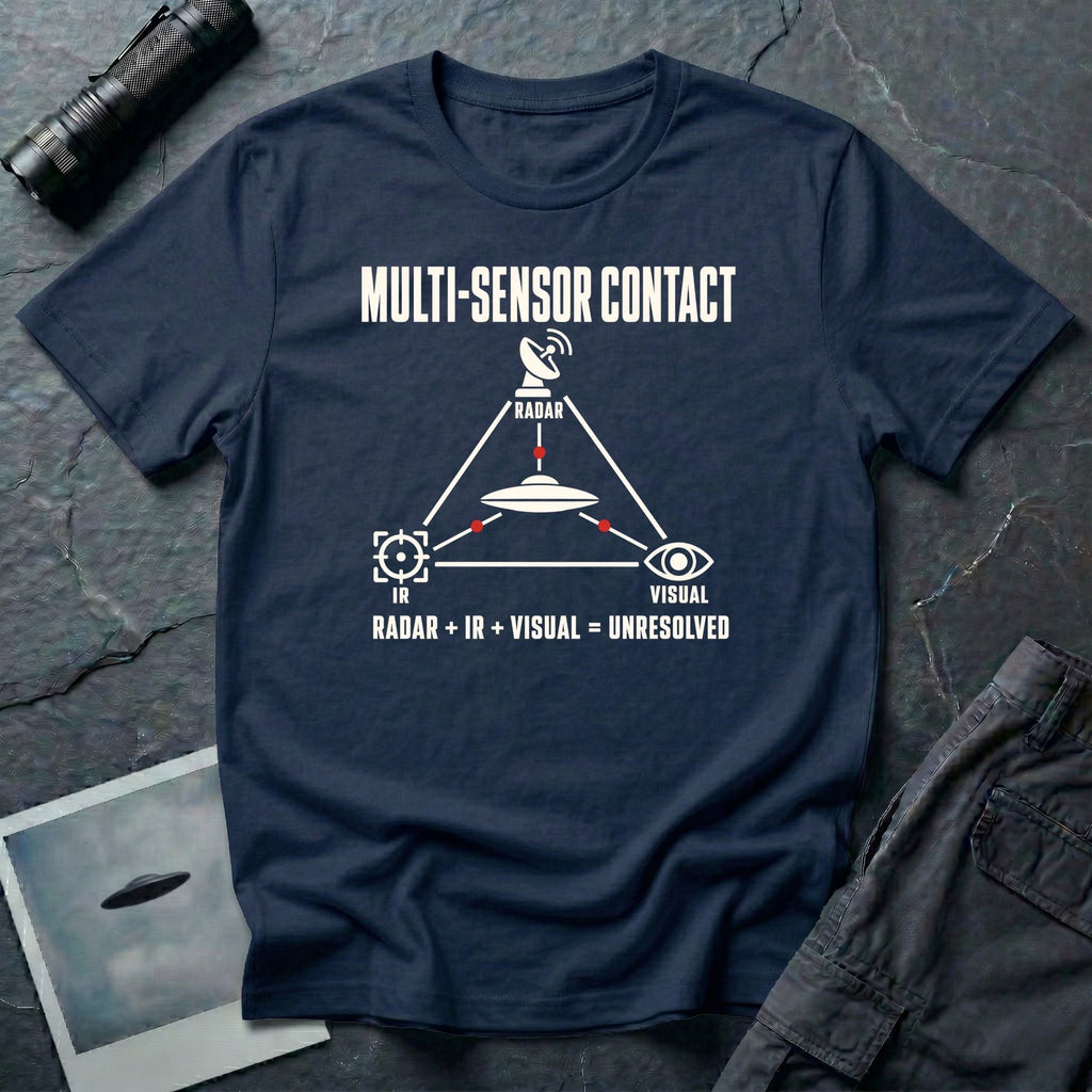 Radar dish, targeting reticle, and eye icon forming a triangle around a UFO with Multi-Sensor Contact text on a navy blue t-shirt