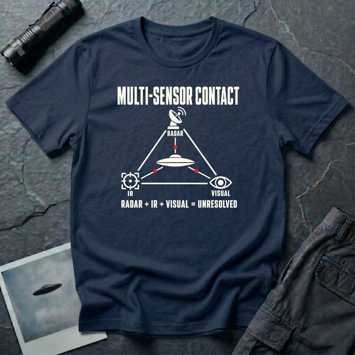Radar dish, targeting reticle, and eye icon forming a triangle around a UFO with Multi-Sensor Contact text on a navy blue t-shirt
