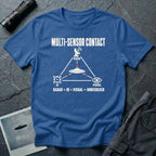 Radar dish, targeting reticle, and eye icon forming a triangle around a UFO with Multi-Sensor Contact text on a royal blue t-shirt