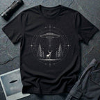 Mystical Stag UFO black T-Shirt featuring a stag under a hovering saucer in a pine forest with stars and sacred geometric details