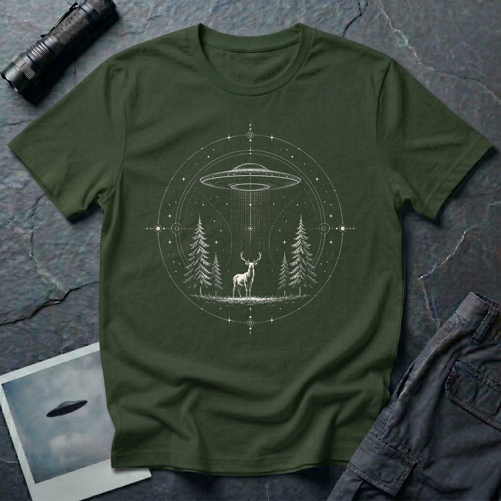 Mystical Stag UFO green T-Shirt featuring a stag under a hovering saucer in a pine forest with stars and sacred geometric details