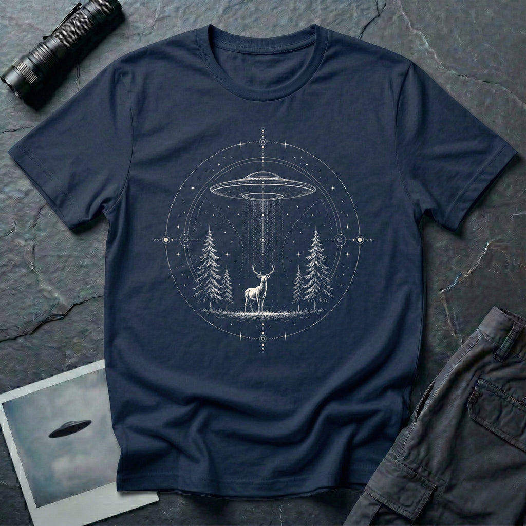 Mystical Stag UFO navy blue T-Shirt featuring a stag under a hovering saucer in a pine forest with stars and sacred geometric details