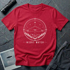 Night Watch UAP T-shirt with a black triangle craft hovering above a pine forest and mountains inside a celestial observation circle on red tee