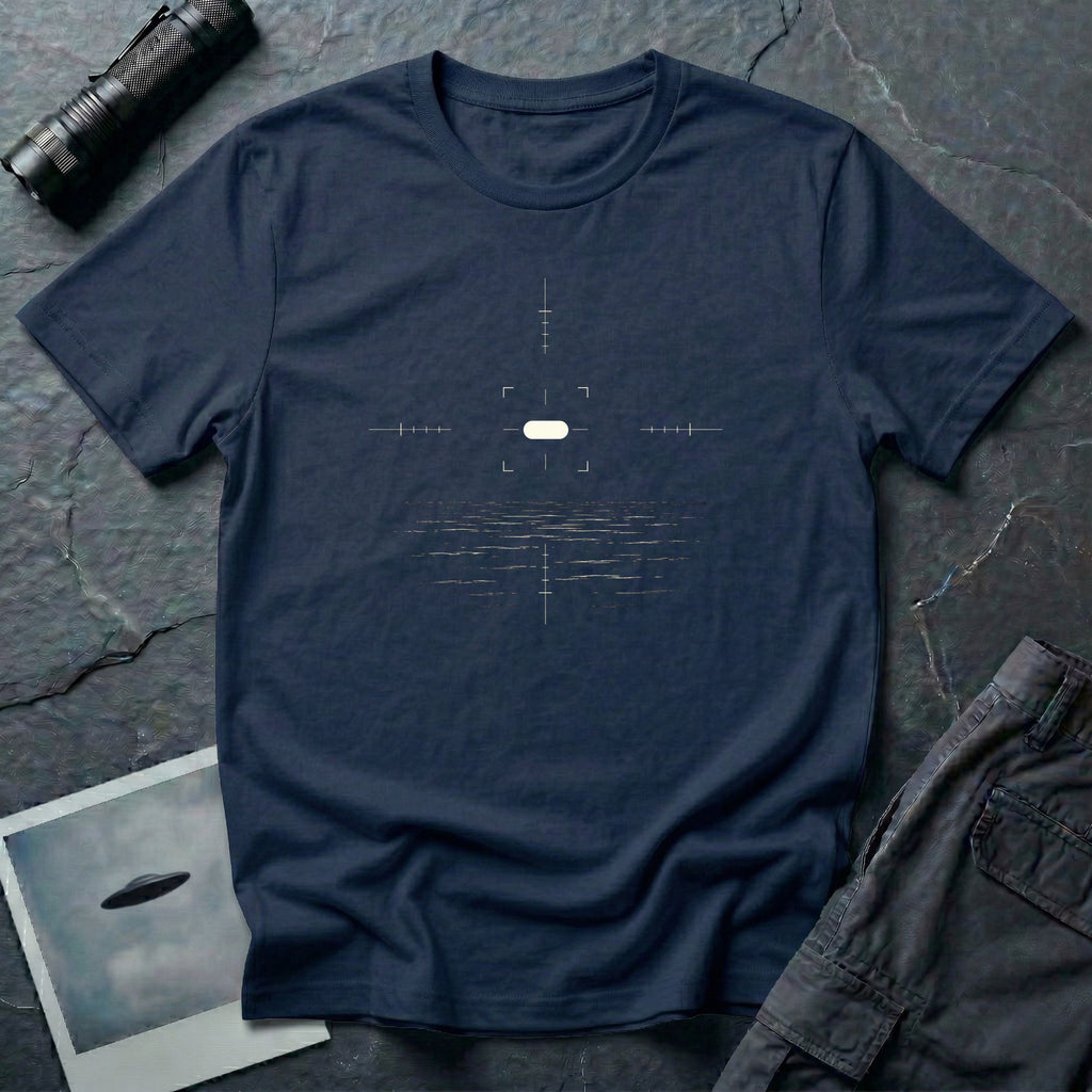 Nimitz Tic Tac UFO t-shirt, minimalist white silhouette on navy blue cotton, 2004 UAP encounter design