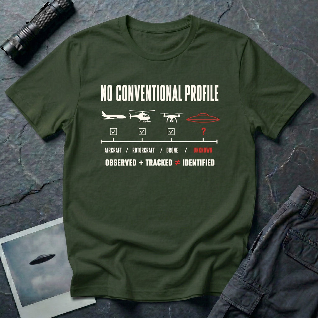 Aircraft, helicopter, and drone icons checked off against an unmarked UFO outline with Observed Plus Tracked Does Not Equal Identified text on a military green t-shirt