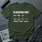 Aircraft, helicopter, and drone icons checked off against an unmarked UFO outline with Observed Plus Tracked Does Not Equal Identified text on a military green t-shirt