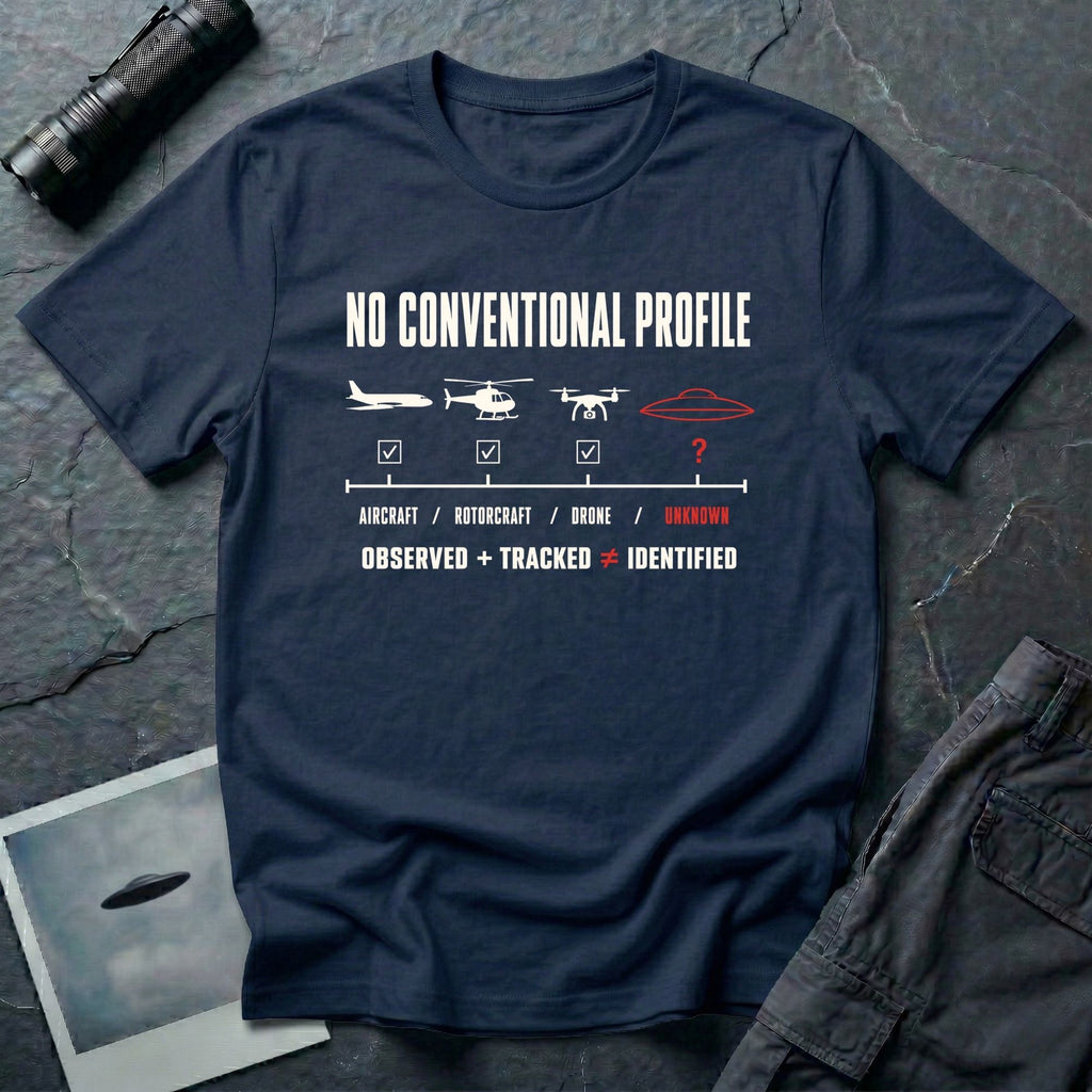 Aircraft, helicopter, and drone icons checked off against an unmarked UFO outline with Observed Plus Tracked Does Not Equal Identified text on a navy blue t-shirt