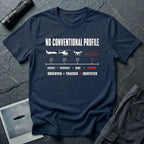 Aircraft, helicopter, and drone icons checked off against an unmarked UFO outline with Observed Plus Tracked Does Not Equal Identified text on a navy blue t-shirt