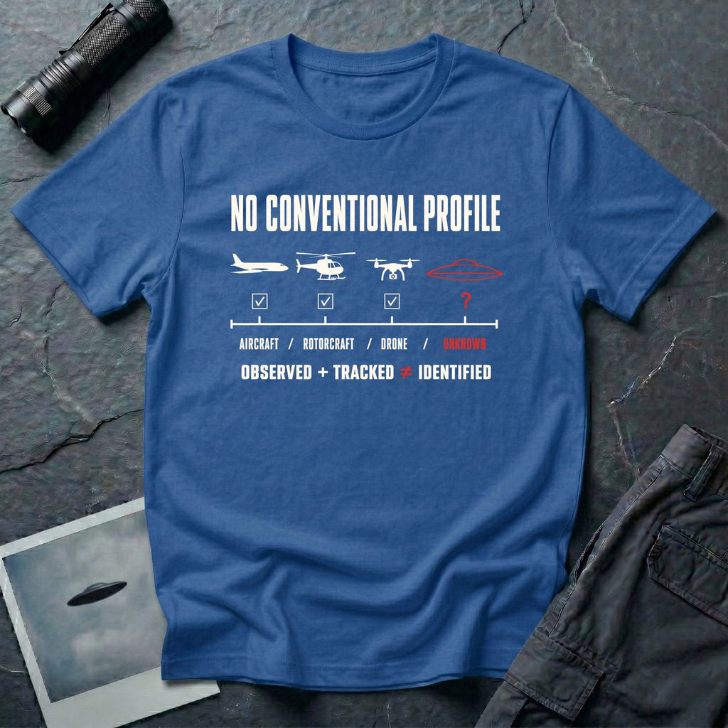 Aircraft, helicopter, and drone icons checked off against an unmarked UFO outline with Observed Plus Tracked Does Not Equal Identified text on a royal blue t-shirt
