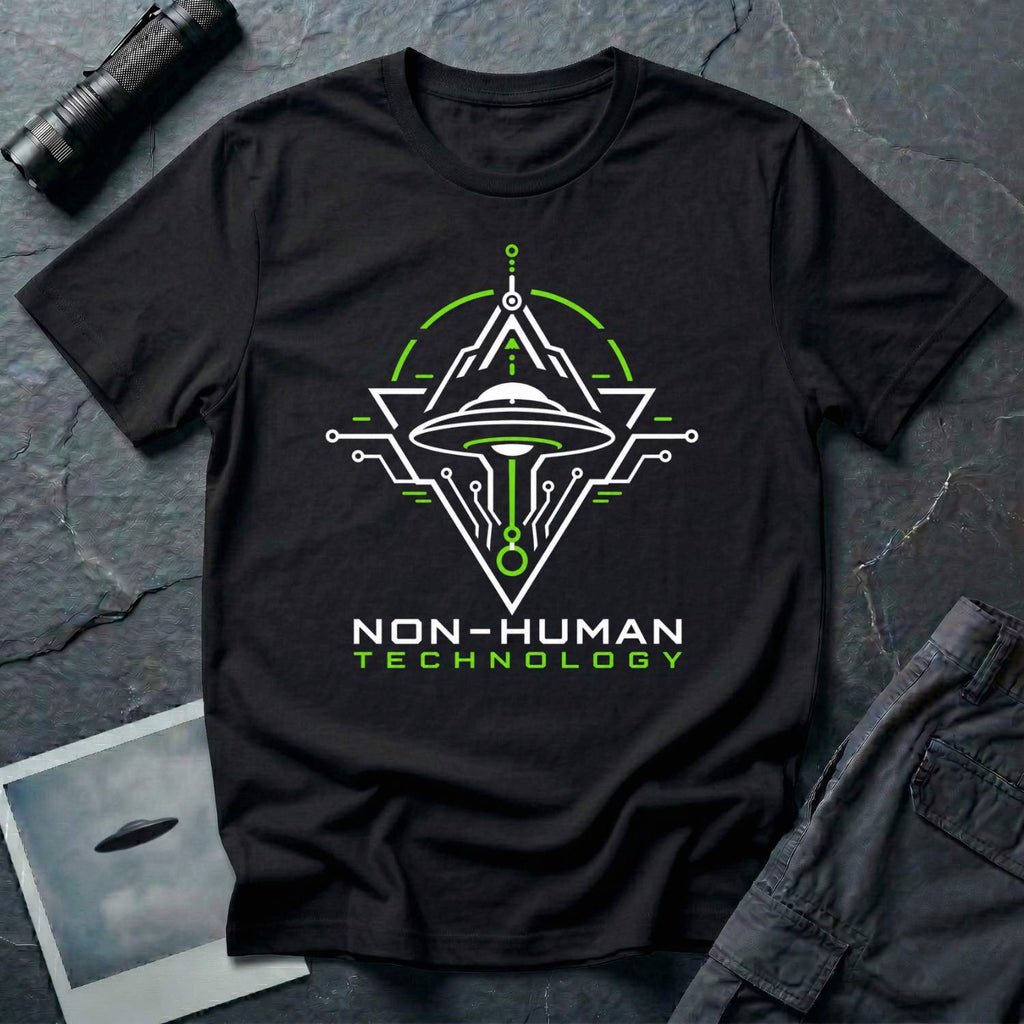 Black t-shirt with geometric diamond frame circuit board UAP UFO schematic design in white and green with NON-HUMAN TECHNOLOGY text