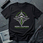 Black t-shirt with geometric diamond frame circuit board UAP UFO schematic design in white and green with NON-HUMAN TECHNOLOGY text