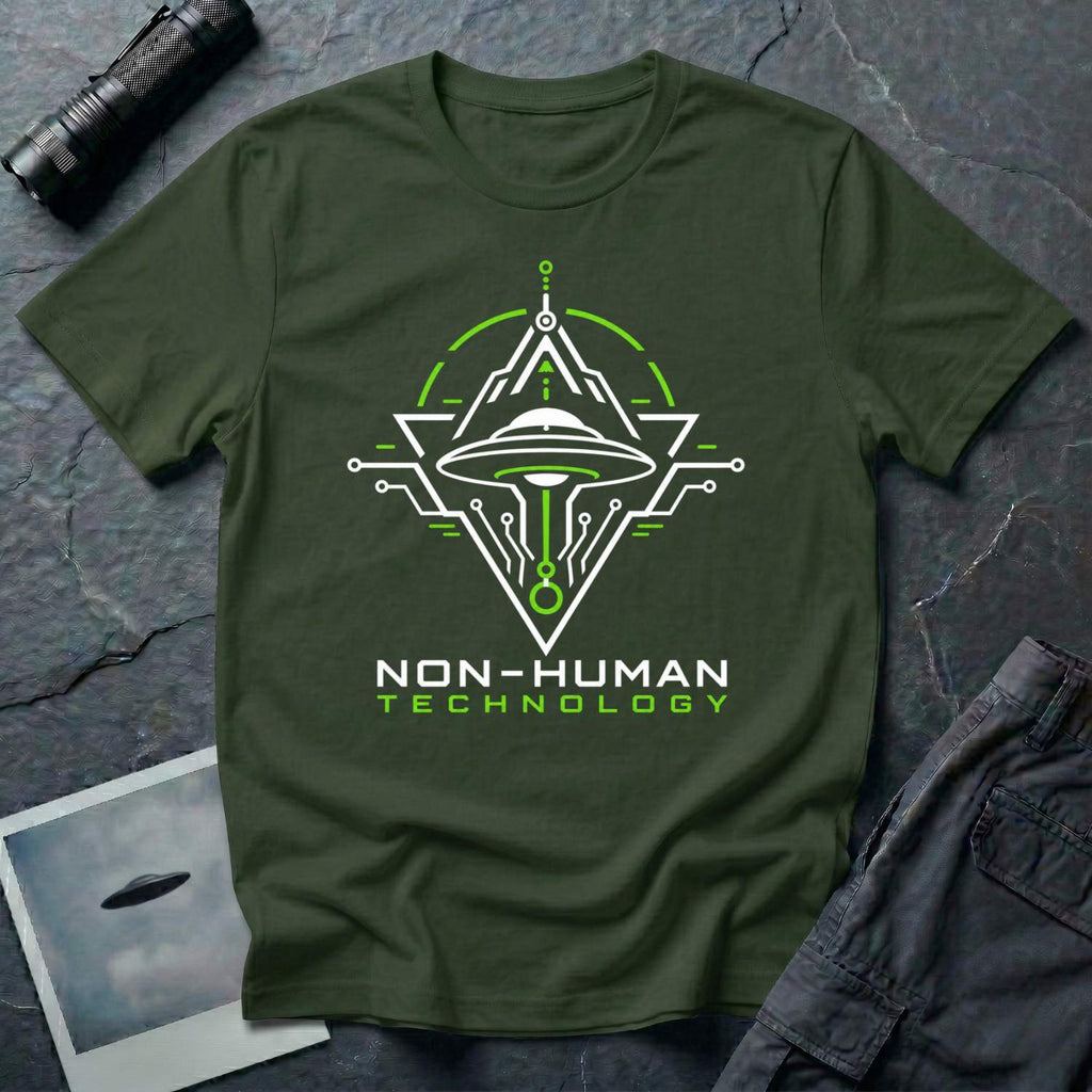 Green t-shirt with geometric diamond frame circuit board UAP UFO schematic design in white and green with NON-HUMAN TECHNOLOGY text